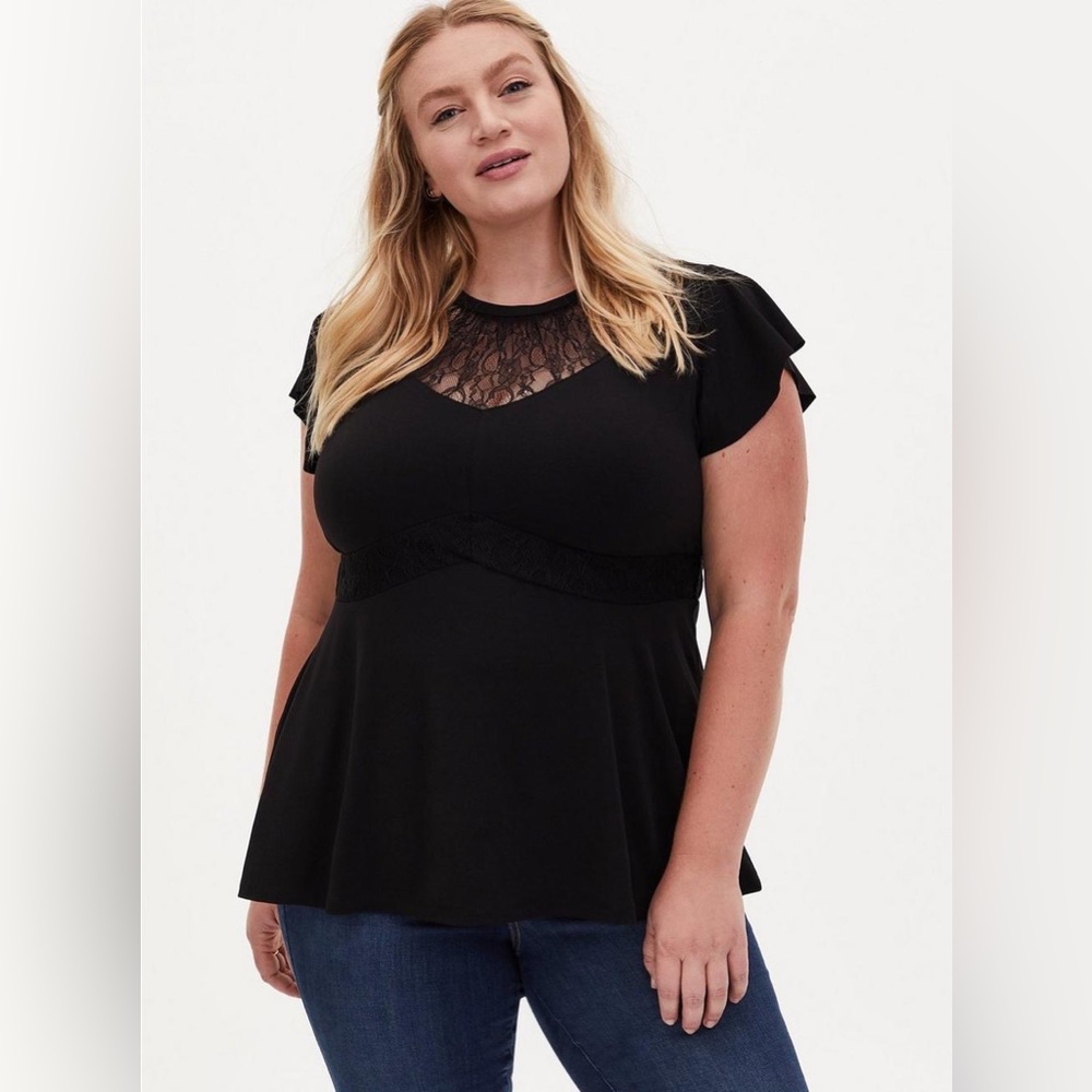 Torrid Black Studio Knit & Lace Mock Neck Peplum Blouse Size XL/1X (Torrid 1)